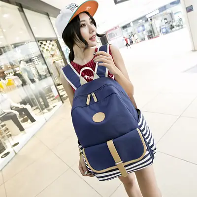 Blue Canvas Girls Backpack with Stripes for School
