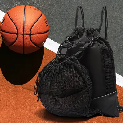 Black Drawstring Sports Backpack for Basketball Football Training