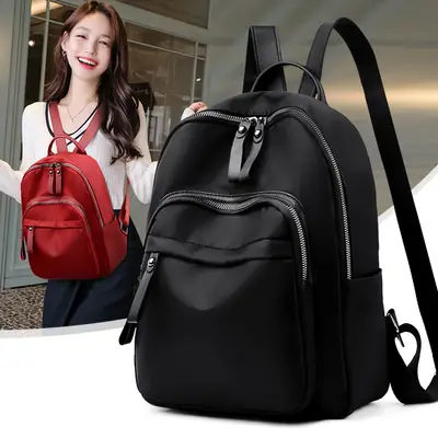 Women Nylon Backpack Red Black Fashionable Large Capacity