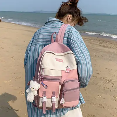 Stylish Pink Contrast Girl Backpack for School