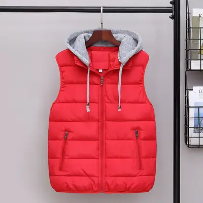 Red Hooded Vest with Gray Lining Plus Size Winter Warmth