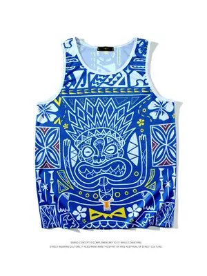 Blue Totem Print Mesh Vest Men Summer Breathable