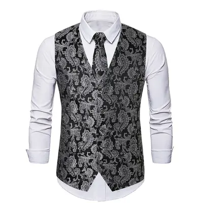 Men's Paisley Jacquard Vest Black Silver Autumn Winter