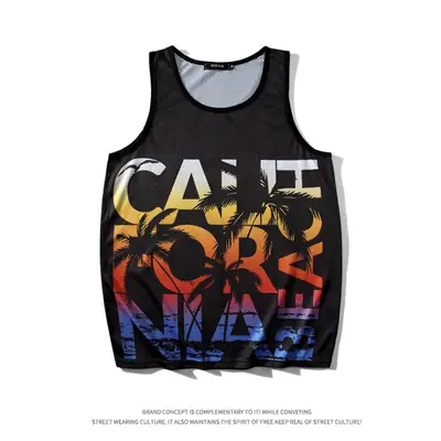 Men 3D Print Sleeveless Vest Summer Silk Golden California