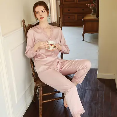 Women Satin Silk Pajamas Pink Lace Home Wear Set