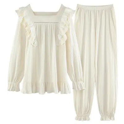 Women Cotton Ruffled Pajamas Long Sleeve Set