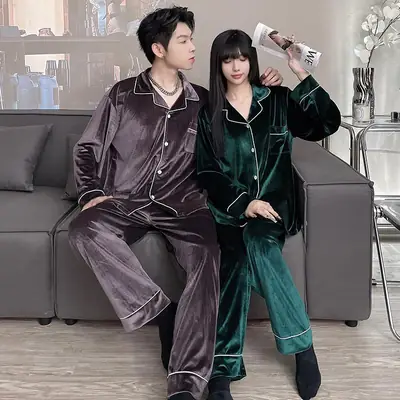 Velvet Couple Pajamas Green & Brown Winter Home Wear