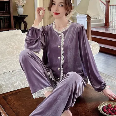 Velvet Pajamas Set Purple Lace Trim Long Sleeve