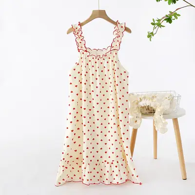 Women Heart Print Sleeveless Nightgown Summer Home Wear