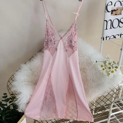 Women Silk Flower Nightgown Pink Summer Sleepwear