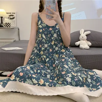 Women Floral Nightgown Navy Cotton Summer Sleepwear