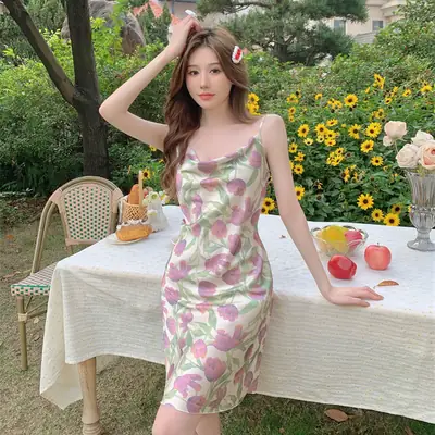 Women Summer Floral Nightgown Purple Tulip High Quality