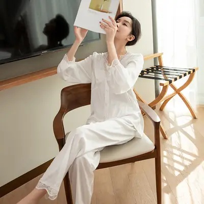 Women Silk Pajamas White Long Sleeve Summer Home Wear