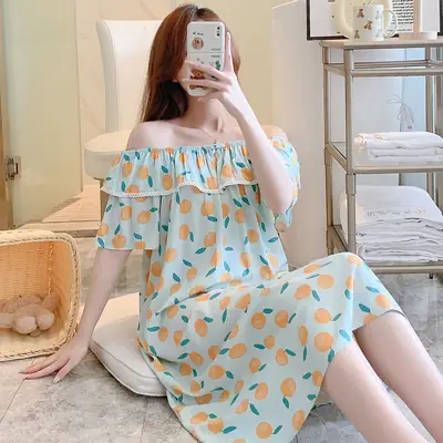 Women Cotton Sleepwear Loose Summer Pajamas Orange Lemon Print