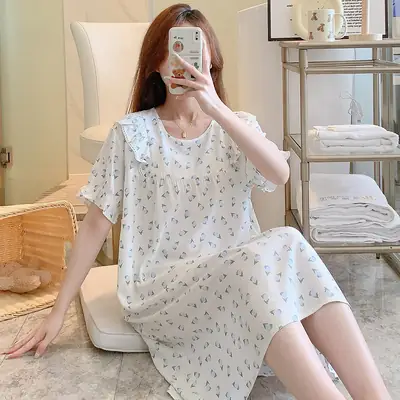 Women Cotton Silk Nightdress Summer Loose Short Sleeve Home Wear