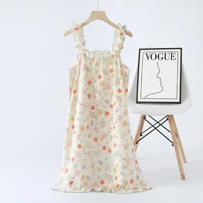 Women Cotton Floral Nightgown Summer Loose Suspender