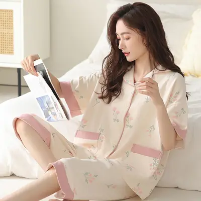 Women Cotton Floral Pajamas Short Sleeve Summer Home Wear Set