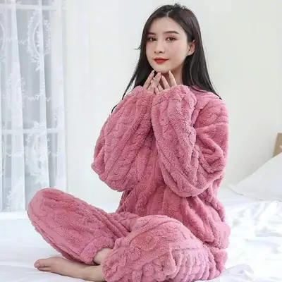 Pink Flannel Warm Winter Loungewear Suit for Women