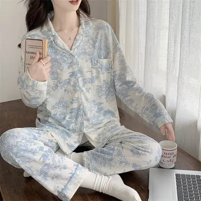 Women Jacquard Cotton Pajamas Long Sleeve Home Wear