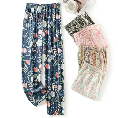 Women Loose Cotton Pajama Pants Green Stripe Grid Summer