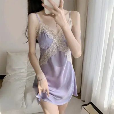 Women V-neck Silk Pajamas Summer Home Wear thumbnail 1