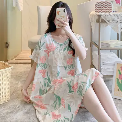 Women Cotton Nightgown Short Sleeve Green Plus Size Home Wear
