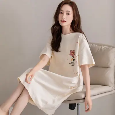 Women Cotton Nightdress Summer Short Sleeve Lazy Style