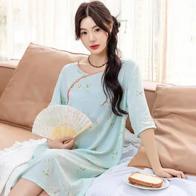 Women Cotton Nightgown Green Gardenia Plus Size Summer