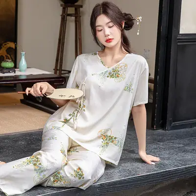 Women Cotton Pajamas Plus Size Beige Floral Summer Home Wear