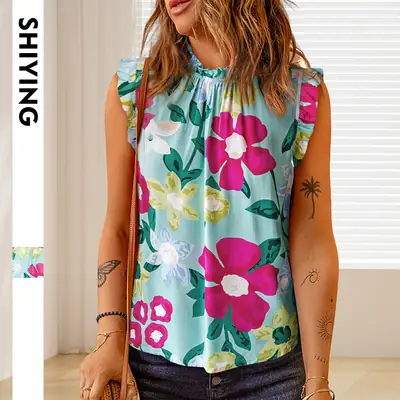 Women Floral Ruffled Sleeveless Top Summer Light Blue