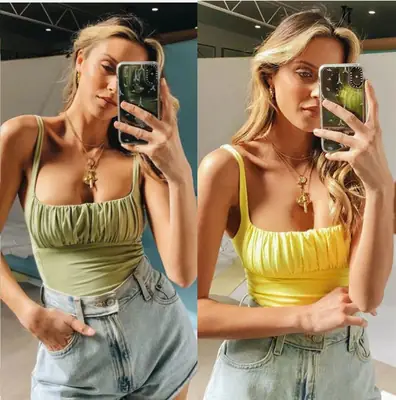 Women Pleated Camisole Summer Slim Fit Yellow