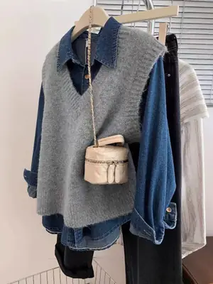 Grey Knitted Vest Women Spring Loose Fit