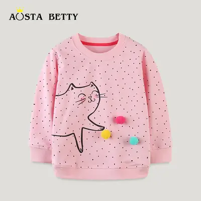 Pink Cat Print Sweatshirt for Kids Autumn Wear