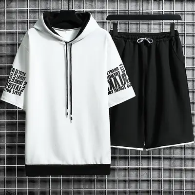 Men Hoodie Shorts Set White Black Summer Casual Sports Wear