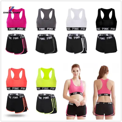 Shengzhan Sports Bra & Shorts Set Pink Black Fitness Yoga Wear
