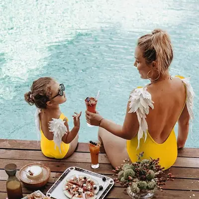 Parent-Child Angel Wings Backless Swimsuit Yellow