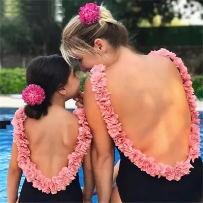 Parent-Child Pink Flower Swimsuit Set Black