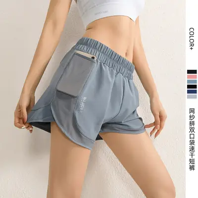 Women High Waist Mesh Running Shorts Quick Dry Double Pocket
