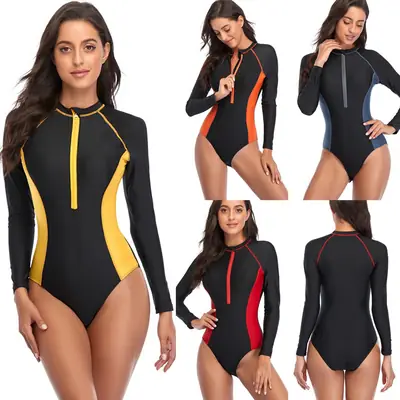 Women Long Sleeve Zipper One-Piece Swimsuit Black Red