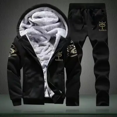 Winter Fleece Two-Piece Suit Black Gold Embroidered