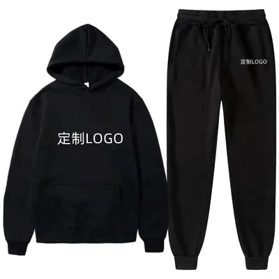 Men Fleece Hoodie Pants Set Black Winter Sportswear