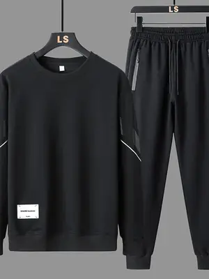 Men Black Loose Fit Sports Sweatshirt Suit Autumn
