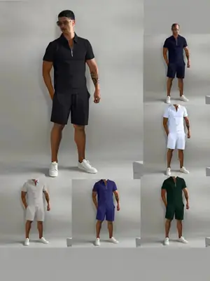 Men's Zip Collar Sports Shorts Set Summer Casual