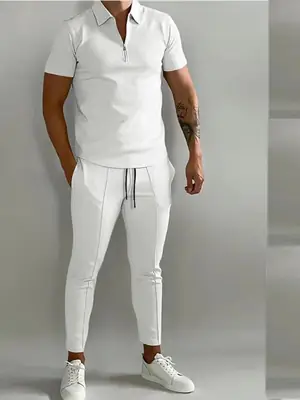 White Slim Fit Men's Casual Sports Suit Summer