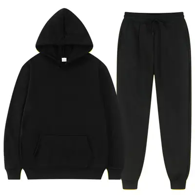 Black Fleece Hoodie Sweatpants Set for Men Women Autumn Casual Loose Fit thumbnail 1