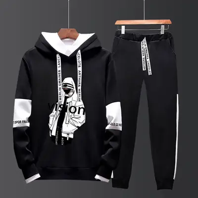 Men Black Graphic Hoodie & Pants Set Casual Sporty