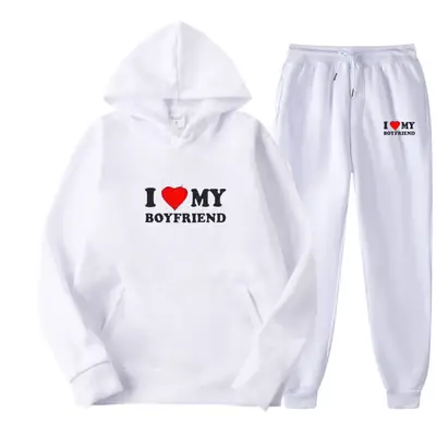 White I Love My Boyfriend Hoodie Pants Set