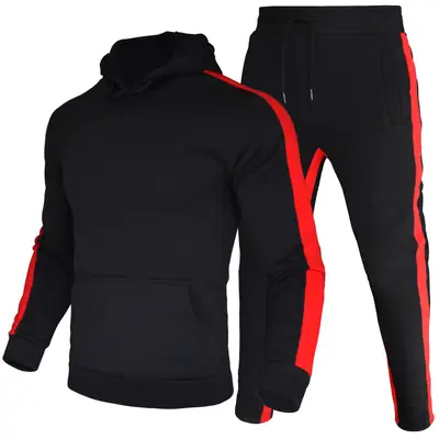 Men Black Red Stripe Hoodie Pants Set Autumn