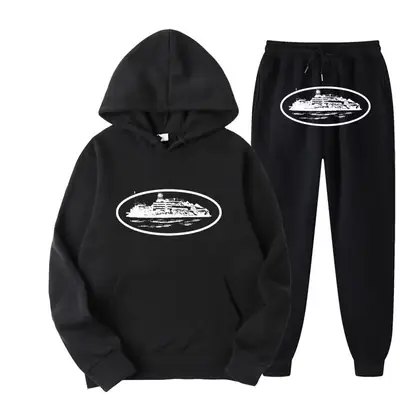 Black Hoodie & Joggers Set with White Ship Print