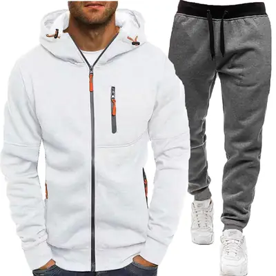 Men Hoodie & Sweatpants Set White Grey Casual Autumn
